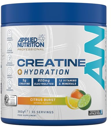 Applied Nutrition Creatin Monohydrat + Pulver zur Rehydrierung | Zitrus Platzen Kreatin Monohydrat, Elektrolyten & Vitaminen – 330 g