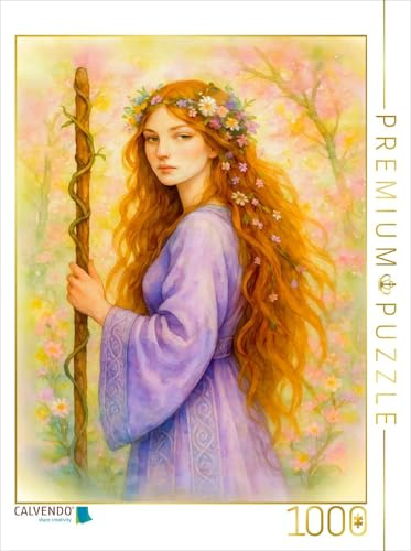 Puzzle · Zarte keltische Druidin mit violettem Kleid und Zauberstab | Druidenfrau in Lichtszene mit goldener Sommerstimmung · 1000 Teile · Lege-Größe 64 × 48 cm · CALVENDO Puzzle