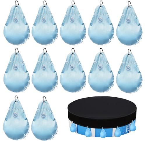 12 Stück Poolabdeckung Gewichte Wassersäcke mit Haken | Verdickte PE-Wassersäcke mit Anti-Leck-Ventil, Haken und Schnallen für Winterabdeckplanen und Pools