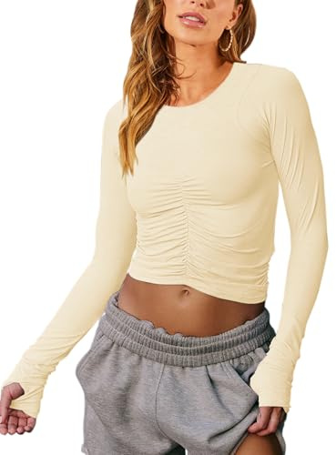 Vivitulip Women’s Long Sleeve Shirts Basic Fall Ruched Slim Fitted Crop Tops Tight Athletic Blouse with Thumb Holes