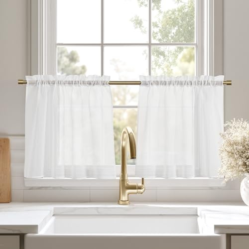KGORGE Scheibengardinen Modern Kurz Küche Fenster Gardinen Weiß Transparent | 2er Set, H50 x B90 cm, Bistrogardine, mit Stangedurchzug/Tunnelzug, Lichtfilterung, Luftig, für Schrank/Wohnwagen