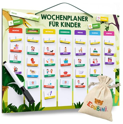 Edubini Wochenplaner Kinder - [223 Magnete + 150 Sticker] - Routine Planer Kinder für Struktur im Alltag - Montessori Magnettafel, Tagesplaner, Aufgabentafel, Belohnungstafel - (inkl. Tasche, Stift)