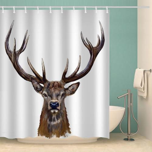 MOXINO Hirsch Duschvorhang Anti-Schimmel 180x180 cm Polyester Stoff Textil Waschbar Wasserdicht Badvorhang 3D Elch Motiv Duschvorhänge Badezimmer mit 12 Haken（Stil 108-15）