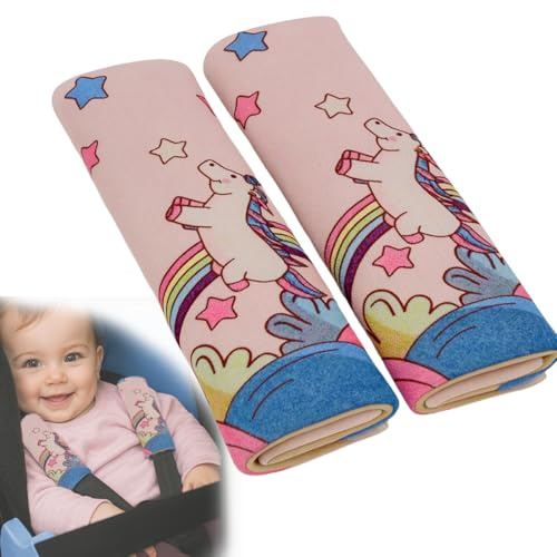 2 Stück Gurtpolster Kinder, Autogurt Polster Kinder, Sicherheitsgurt Polster, Auto Gurtschutz mit Regenbogen Einhorn, Sicherheitsgurt Schulterpolster Schulterkissen Gurtschoner Autositze