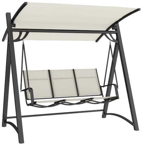 Outsunny 3 Seater Swing Chair Garden Swing Bench, Cream White | Adjustable Tilting Canopy, Breathable Mesh Seat, Heavy-Duty Metal Frame, for Porch and Patio, 360 kg Capacity
