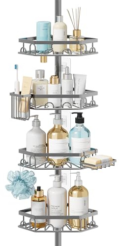 HapiRm Teleskopstange Duscheckregal Teleskop - Teleskopregal, 70-276cm | 4 Tier rostfrei Teleskop Badregal Duschregal mit 16 Haken, Zahnbürstenhalter & Seifenschale, Teleskopstange Badezimmer