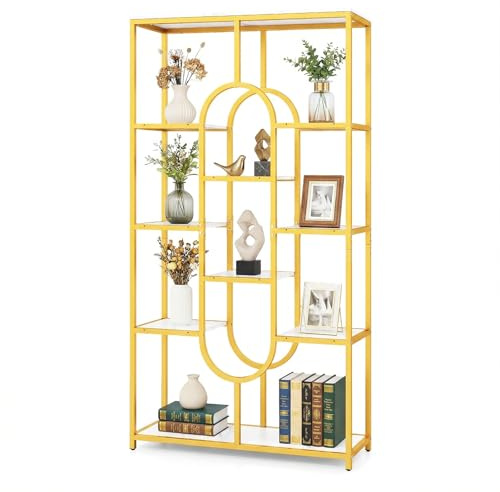 CASART 8/10-Tier Bookcase (White + Gold, 95 x 30 x 175cm, 10) | Metal Frame Tall Etagere Bookshelf with Open Storage Compartments, Industrial Display Shelf Unit for Living Room Office