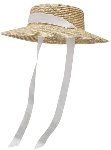Générique 2026 été Bob Chapeau de Paille Pratique pour Femmes—Canotier léger à Bord Plat Large Solaire Plage avec Ficelle de sécurité Coupe Confortable et Style Estival Tendance (White, One Size)