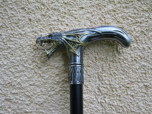 Metall Gehstock Spazierstock Wanderstock 95cm mit silbernenMetall Griff Drache mit Geheimfach Walking Stick M67 Gothic Steampunk