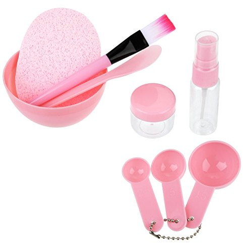 JZK 9 DIY face mask facial mask mixing bowl tool set kit including bowl, spatula, brush, measuring spoons, spray bottle, little pot, sponge, pink