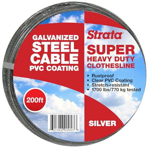 Strata 60 m Wäscheleine für den Außenbereich, strapazierfähig, verzinktes Draht, Stahlkabel, silberfarbene PVC-Beschichtung – Wäscheleine Drähte für den Außenbereich