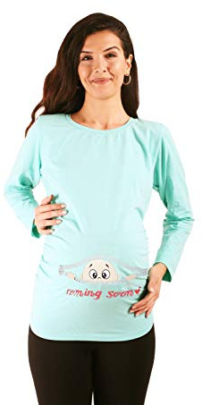 M.M.C. Coming Soon - Lustige witzige süße Umstandsmode Umstandsshirt Sweatshirt Schwangerschaftsshirt mit Motiv für die Schwangerschaft, Langarm (Mint, Small)