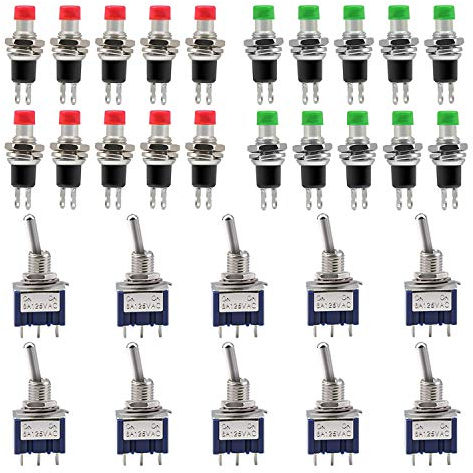Coolty 125V 6A 3 Pin 2 Posizioni Mini Interruttore a Levetta 10Pcs & Mini Momentaneo Pulsante Interruttore 20pz Verde/Rosso