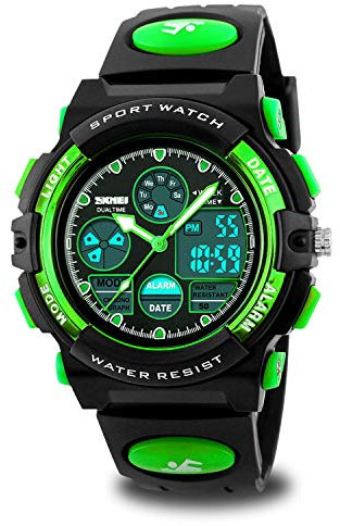 Montre de sport numérique pour enfants, garçons et filles, étanche, montre de sport d'extérieur pour enfants, montre analogique à quartz, avec alarme, chronomètre vert
