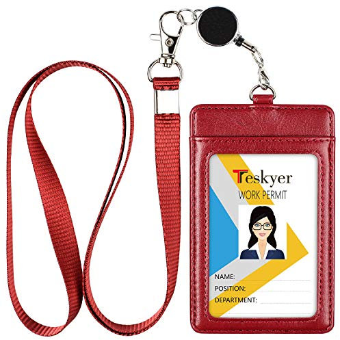 Teskyer Porte Badge, avec Cordon Rétractable, Porte Badge Tour de Cou, Porte Badge en Cuir PU, 2 Emplacements pour Cartes, pour Le Travail, L'école, Rouge