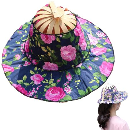 Egurs Chapeau de soleil d'été pliable 2 en 1 en bambou pour femme avec motif floral de style chinois