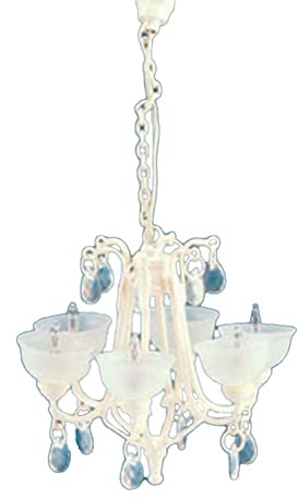 Miniature House Puppenhaus Weiß 6 Arm Kristall Tiefer Kronleuchter Mattiert Lampion 12V Elektrische Licht