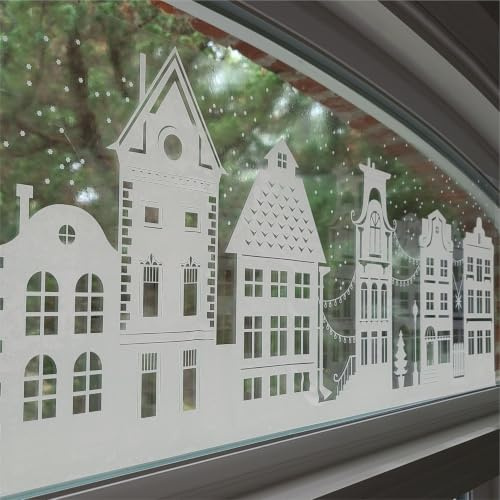 119,4 cm weiße Weihnachts-Fensteraufkleber Dickens Dorfstraßenszene Fensterbordüre Weihnachtsdekoration Snowy Winter Wiederverwendbare nicht klebende Urlaub Fensteraufkleber und Türdekoration