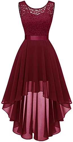 Berylove 7035 Vintage Robe de Cocktail Pin Up High Low en Dentelle Mousseline pour Mariage Soirée Bal Jupe Asymétrique sans Manche avec Ceinture Rouge foncé S