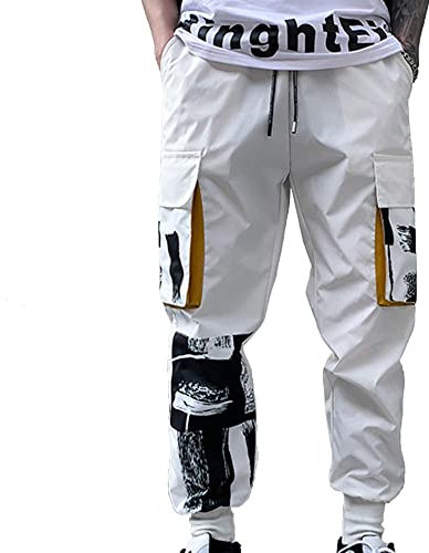 XYXIONGMAO Herren Weiß Taktische Haremshose mit Taschen Techwear Streetwear Hip Hop Jogger Sweatpants Cargohose für Männer, Weiss/opulenter Garten, Klein