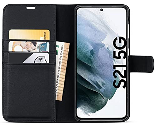 Galaxy S21 Hülle Kunstleder 2 in 1 Case Schwarz - CASEZA Zurich Luxus PU Lederhülle Ledertasche Flip Cover Leder Tasche für Original Samsung Galaxy S21 - Kabelloses Laden Qi mit Case möglich