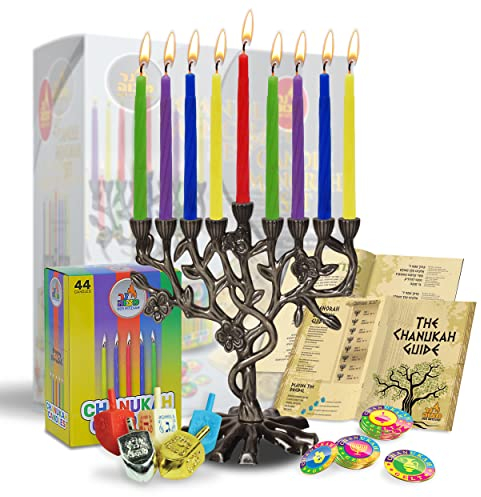 Baum des Lebens Menorah Hanukkah Set - Antikes Chanukka Leuchter Set - Kleine Chanukka Menora, Kerzen, Dreidels, Spielmünzen und Anweisungen für Chanukka-Feiertage