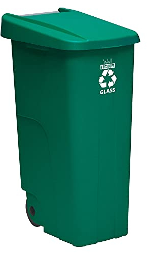 Contenedor - cubo de basura Wellhome Reciclo 110L, color verde cerrado con tapa, ideal para reciclaje de VIDRIO, con ruedas