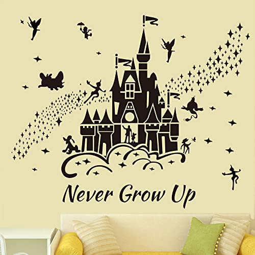 Supzone Peter Pan Wandaufkleber, Märchenschloss, Wandtattoo, Never Grow Up, Zitate, Sterne, Wanddekoration, DIY-Wandbild für Kinderzimmer, Kinderzimmer, Spielzimmer, Schwarz