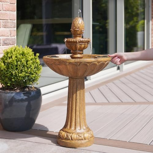 Festive Lights - 85cm Queensbury Solar Garden Water Fountain - Classic 3 Tier Cascading Bird Bath Feature, Brown Stone Effect, IP44 Weatherproof Resin, Self-Contained Outdoor Decor, Recirculating Pump