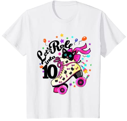 Kinder 10 Jahre alt Geburtstag Shirt Mädchen Rollschuh Katzentag Kleid T-Shirt