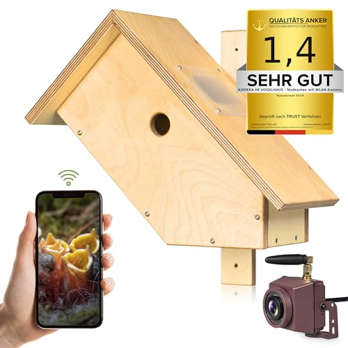 Kamera im Vogelhaus Nistkasten mit WLAN-Kamera. Autark & wetterfest, mit idealem Lichteinlass für störungsfreie Brut, mit HD Video, Ton, 64 GB Speicher, Infrarot LEDs, inkl. App für iOS & Android.