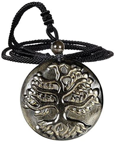 mookaitedecor Golden Obsidian Tree of Life Pendant Necklace Lucky Charm for Men Women, Healing Crystal Semi Precious Stone Quartz Reiki Amulet Necklace for Protection Wealth Spiritual Jewellery Gifts