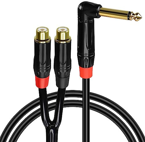 GELRHONR 90 Grados 1 / 4Inch 6,35mm Mono a RCA Splitter Cable, Ángulo Recto Resistente Aleación Shell Junta 6,35mm Macho a Dual RCA Hembra Audio Y Splitter Adaptador (90°-1M)