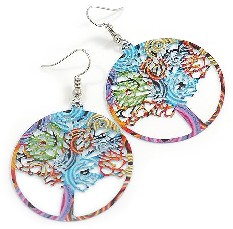 Boucles d'oreilles pendantes légères Motif arbre de vie Multicolore 40 mm D 60 mm de long, taille unique, Métal Argent