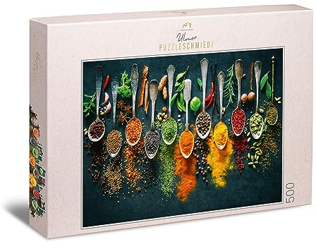 Ulmer Puzzleschmiede - Puzzle „Scharfe Farben“ – Klassisches 500 Teile Puzzle – Puzzlemotiv Kräuter & Gewürze, als moderner Eyecatcher in Einer stilvollen Küchen-& Wandgestaltung