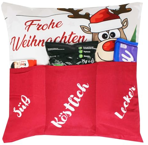 KAMACA Originelles Dekokissen Weihnachtskissen Kissen mit 3 Taschen zum selber Befüllen Größe 43x43 cm tolles Geschenk Weihnachten Nikolaus (Elch Ole)