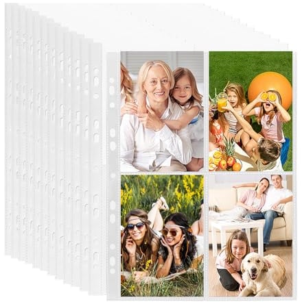 HIQE-FL 60Pcs Transparent Postkartenhüllen,Transparent Postkartenhüllen 4 Fächer,480 Doppelseitig Fotohüllen,Fotohüllen DIN A4 Veloflex,Kleine Klarsichtfolien,Fotohüllen DIN A4(10.7CMX15.2CM)