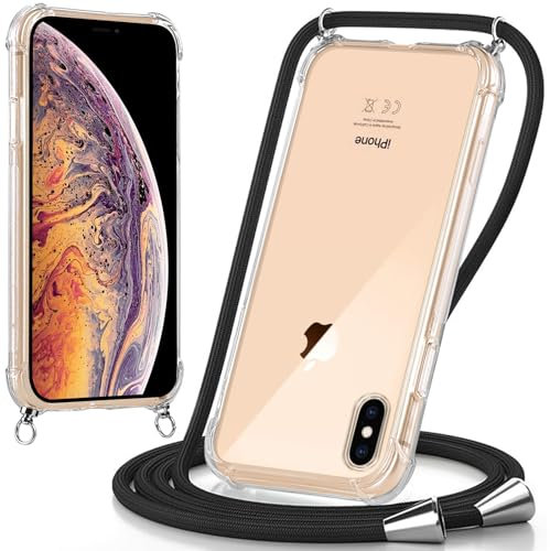 Oelrstfe handyband Hülle mit Band für iPhone XS Max, Handyband zum Umhängen Handy Umhängeband Transparent TPU Stoßfest Silikon Handyhülle mit Kette für iPhone XS Max, Schwarz