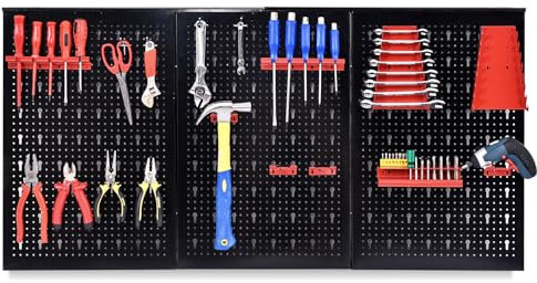 SOARS Mur à Outils 120 X 60 CM en Métal, Rangement des Outils avec Kit de 17 Crochets, Porte-Outils Mural en 3 Panneaux Perforés de Haute Qualité, pour Garage, Atelier, Noir et Rouge