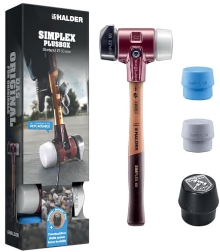 HALDER-Plusbox Starterkit, SIMPLEX-Schonhammer D60, Gummikomposition mit Standfuß/Superplastik sowie je ein TPE-soft und TPE-mid Schlageinsatz plus Flaschenöffner | 3027s026