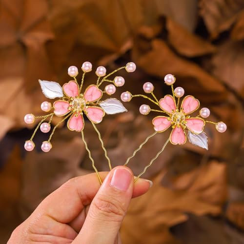 IYOU Fleur Mariage Épingles à cheveux Rose Perle Mariée Demoiselle d'honneur Accessoires de Coiffure pour Femmes (2 Pièces)