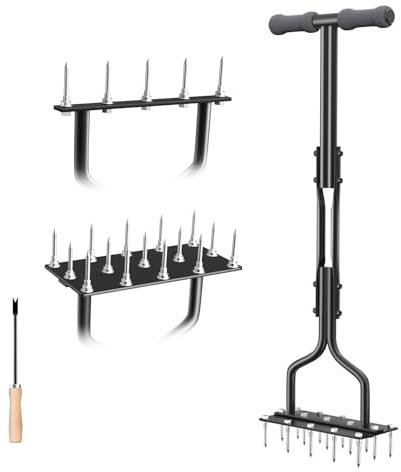 Lawn Aerator Scarifiers for Lawns, EEIEER 2-in-1 Lawn Scarifier and Aerator Lawn Spike Aerator with 15 Iron Spikes, T-Handle Garden Tools Grass Aerator for Aerating Lawns Yard Loosening Soil Lawn Care
