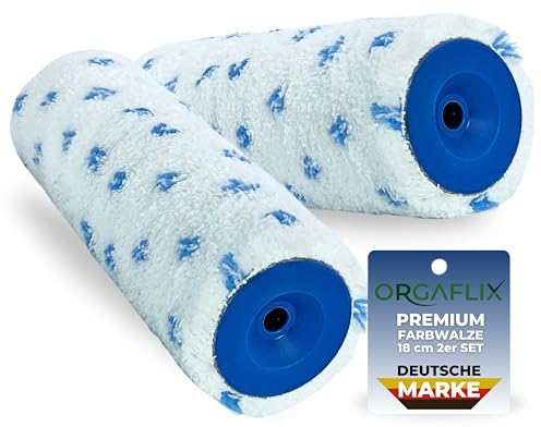 ORGAFLIX Premium Farbwalze 18cm - 2 Stück, Perfekte Farbaufnahme und Abgabe, Kern 48mm, Florhöhe 8mm - Farbroller Wandfarbe, Malerrolle, Malerwalze, Malerset