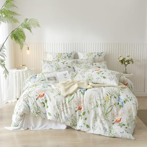 DXHOME Blumen Bettwäsche 135x200 Renforce Weiß Grün Blüten Pflanzen Floralem Muster Sommerbettwäsche Set Floral Bunt 2teilig Bettbezug mit Reißverschluss + 1 Kissenbezug 80x80 cm