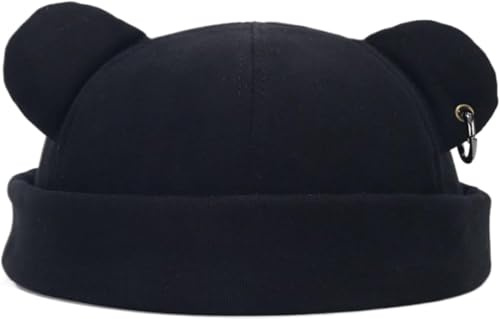 Beanie-Mütze für Damen und Herren – Bärenohr-Docker-Mütze mit Eisenring-Dekor, Unisex, Hip-Hop, Straßenmode, randlos, Totenkopfmütze, warm, verdickt, Arbeiter-Mütze, Matrosenmütze mit gerollter