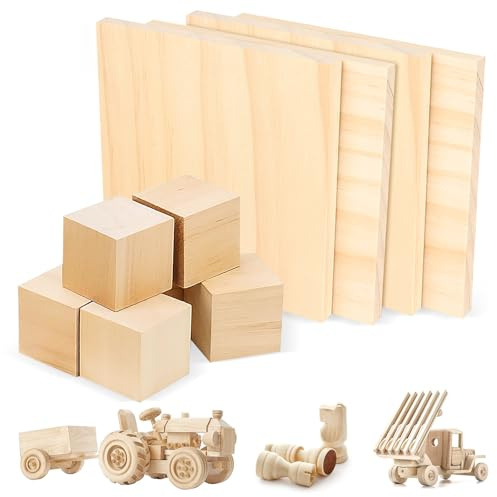 10 Stück Schnitzholz,Holzklötzchen zum basteln,100 * 100 * 7mm Bastelholzholzplatte Sperrholz,Balsaholz für Laserprojekte,Diy Modell,Schnitzen und Gemälde Kunst(4 Holzteile + 6 Holzklötze)