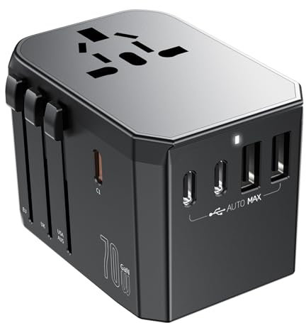 70W Adaptador Enchufe Universal, Adaptador Enchufe de Viaje con 3USB-C,2USB-A y 1CA,Adaptador Internacional para Alemania EE.UU. Reino Unido Francia España Japón Tailandia Italia AUS más de 200 países