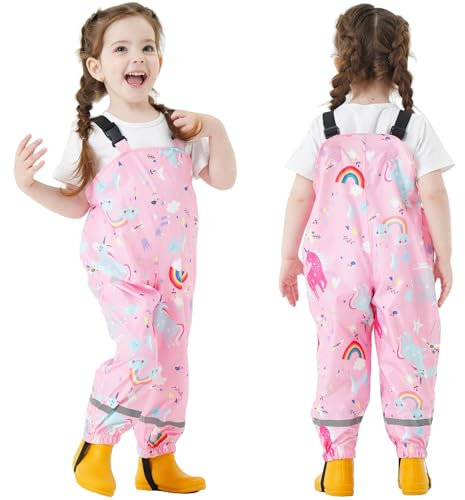 Fewlby Pantaloni Impermeabili Bambino, Salopette Antipioggia Pantaloni da Pioggia con Strisce Riflettenti Bambina Tuta Impermeabile per Ragazze, 2-3 Anni