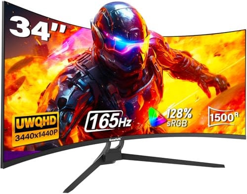 Gawfolk Curved Gaming Monitor 34 Zoll 165Hz, Ultrawide PC Bildschirm UWQHD 3440x1440P, Gebogenes Computerbildschirm, VA, 1500R, 128% sRGB, Displayport, HDMI, VESA 75 * 75mm
