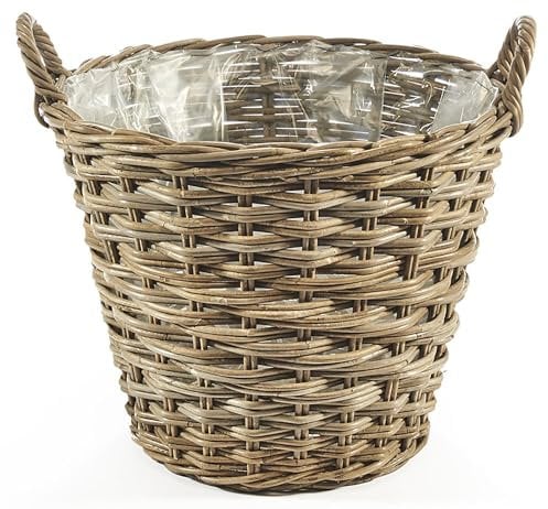 Kobolo Pflanzkorb Rattan rund, kubu Grey Ø 52 cm, 52x52x48 cm, Übertopf & Pflanzenkorb mit Henkel, Rattan Blumenkorb foliert, Pflanzkübel für Indoor & Outdoor